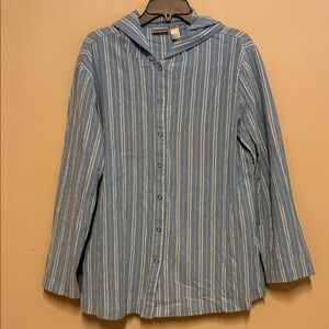 Chicos Striped Snap Front Long Sleeve Hoodie Shirt